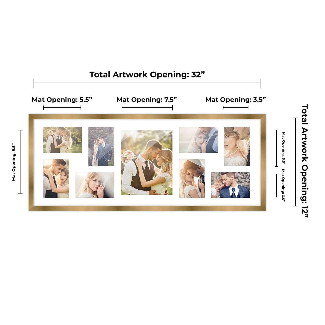Metallic Gold Bronze Finish Collage Frame - White Mat, 20 Frame Sizes to Choose From, UV Acrylic, Wall Hanging Hardware, Vertical or Horizontal Display